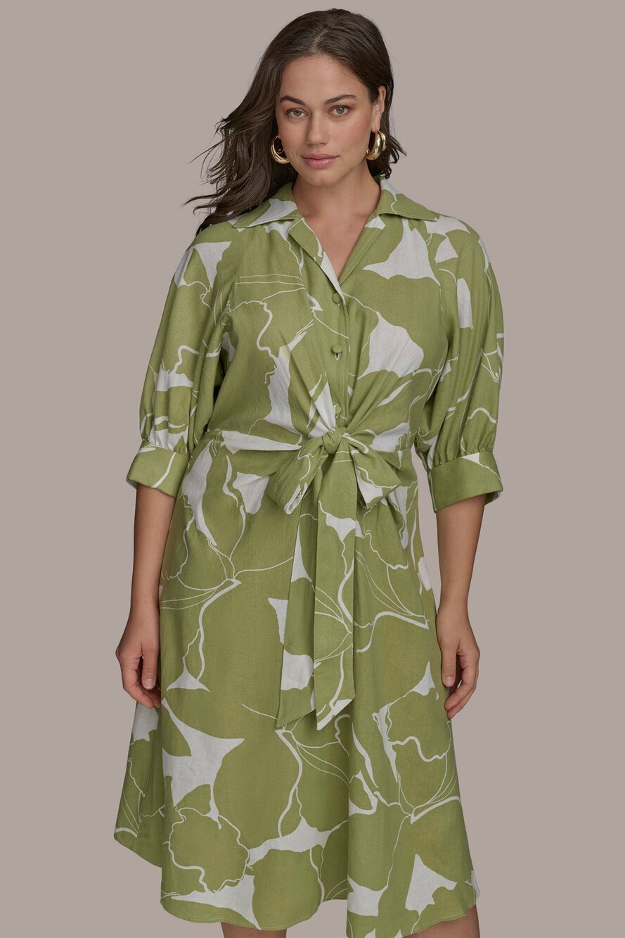 Donna Karan NWT Linen Blend Midi Shirtdress 14W Tie Waist Green Cream